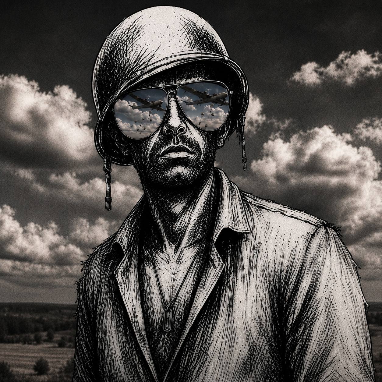 Trenchcoin soldier portrait with clouds and aviator glasses